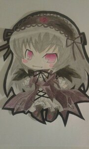 Rating: Safe Score: 0 Tags: 1girl black_wings blush chibi dress flower frills full_body hairband image long_hair long_sleeves pink_eyes rose simple_background smile solo suigintou traditional_media wings User: admin