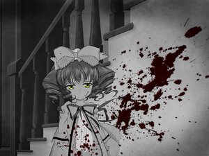 Rating: Safe Score: 0 Tags: 1girl blood blood_on_face blood_splatter blood_stain bloody_clothes bloody_hands bloody_weapon bow dress drill_hair green_eyes hinaichigo image monochrome ribbon short_hair solo spot_color User: admin