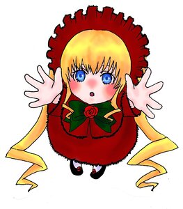 Rating: Safe Score: 0 Tags: 1girl :o blonde_hair blue_eyes blush bonnet bow bowtie dress flower full_body image long_hair long_sleeves looking_at_viewer red_dress rose shinku shoes simple_background solo white_background User: admin