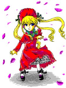 Rating: Safe Score: 0 Tags: 1girl blonde_hair blue_eyes bonnet bowtie bug butterfly dress flower full_body hat image insect long_hair long_sleeves looking_at_viewer open_mouth petals red_dress shinku shoes solo standing twintails User: admin