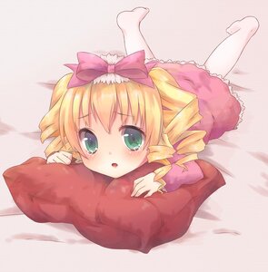 Rating: Safe Score: 0 Tags: 1girl blonde_hair blush bow dress drill_hair green_eyes hair_bow hina_ichigo hinaichigo image looking_at_viewer lying on_stomach open_mouth pantyhose pillow pink_bow pink_dress solo striped twin_drills User: admin