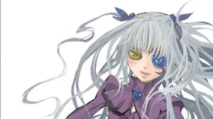 Rating: Safe Score: 0 Tags: 1girl bangs barasuishou blue_flower blue_rose dress eyepatch flower image long_hair long_sleeves looking_at_viewer ribbon rose silver_hair simple_background smile solo two_side_up upper_body white_background yellow_eyes User: admin