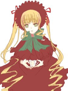 Rating: Safe Score: 0 Tags: 1girl blonde_hair bonnet bow bowtie capelet cup dress drill_hair green_bow green_eyes green_neckwear image long_hair long_sleeves looking_at_viewer red_dress shinku simple_background solo twin_drills twintails very_long_hair white_background User: admin