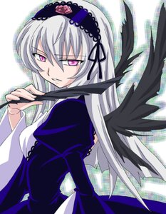 Rating: Safe Score: 0 Tags: 1girl black_dress black_wings dress flower frilled_sleeves frills hairband image juliet_sleeves lolita_hairband long_hair long_sleeves looking_at_viewer pink_eyes puffy_sleeves ribbon rose silver_hair solo suigintou wings User: admin