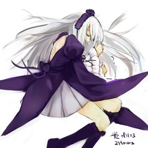 Rating: Safe Score: 0 Tags: 1girl closed_eyes dress flower frills hairband image juliet_sleeves knee_boots kneehighs long_hair long_sleeves puffy_sleeves purple_flower purple_rose silver_hair solo suigintou very_long_hair wings User: admin