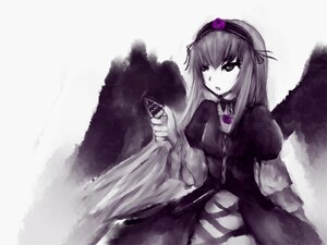 Rating: Safe Score: 0 Tags: 1girl black_wings dress flower hairband image long_hair long_sleeves looking_at_viewer monochrome simple_background solo suigintou wings User: admin