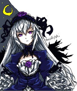 Rating: Safe Score: 0 Tags: 1girl dress expressionless flower frills hairband image lolita_hairband long_hair long_sleeves looking_at_viewer moon purple_eyes rose silver_hair solo suigintou wings User: admin