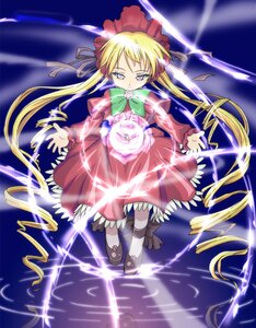 Rating: Safe Score: 0 Tags: 1girl blonde_hair blue_eyes bonnet bow bowtie dress drill_hair flower full_body green_bow green_neckwear image long_hair long_sleeves looking_at_viewer red_dress rose shinku shoes solo standing twintails User: admin