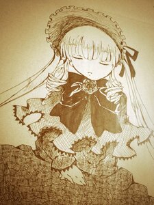 Rating: Safe Score: 0 Tags: 1girl bangs bonnet capelet closed_eyes dress drill_hair eyebrows_visible_through_hair facing_viewer flower hat image long_hair long_sleeves monochrome photo rose shinku sleeping solo traditional_media twintails User: admin