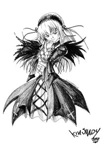 Rating: Safe Score: 0 Tags: 1girl dress frills full_body greyscale hairband image long_hair long_sleeves looking_at_viewer monochrome simple_background solo suigintou white_background wings User: admin