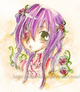 Rating: Safe Score: 0 Tags: 1girl auto_tagged blurry double_bun flower green_eyes hair_flower hair_ornament image kirakishou leaf looking_at_viewer purple_hair red_flower red_rose rose solo User: admin