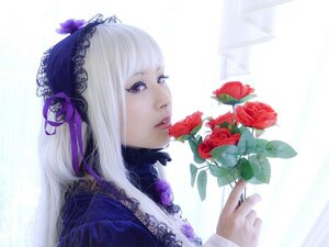 Rating: Safe Score: 0 Tags: 1girl bangs flower lace lips lolita_fashion long_hair nail_polish profile purple_eyes red_flower ribbon rose solo striped striped_background suigintou vertical_stripes white_hair User: admin