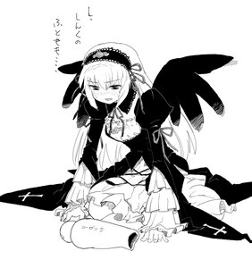 Rating: Safe Score: 0 Tags: 1girl black_wings blush dress frills greyscale hairband image lolita_fashion long_hair long_sleeves monochrome sitting solo suigintou wings User: admin