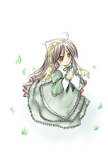 Rating: Safe Score: 0 Tags: 1girl brown_hair dress frills full_body green_dress green_eyes heterochromia image leaf long_hair long_sleeves looking_at_viewer plant red_eyes solo suiseiseki very_long_hair white_background User: admin