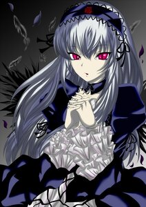 Rating: Safe Score: 0 Tags: 1girl dress flower frilled_sleeves frills hairband hands_clasped image interlocked_fingers long_hair long_sleeves looking_at_viewer own_hands_together petals pink_eyes rose_petals silver_hair solo suigintou wings User: admin