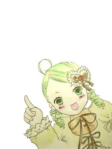 Rating: Safe Score: 0 Tags: 1girl :d ahoge blush drill_hair flower green_eyes green_hair hair_ornament image index_finger_raised kanaria long_sleeves open_mouth pointing ribbon simple_background smile solo striped twin_drills upper_body white_background User: admin
