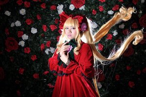 Rating: Safe Score: 0 Tags: 1girl blonde_hair blue_eyes bow dress flower lolita_fashion long_hair red_dress red_flower red_rose rose shinku solo thorns twintails very_long_hair User: admin