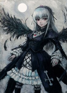 Rating: Safe Score: 0 Tags: 1girl bad_id bad_pixiv_id black_wings detached_collar dress flower frills full_moon hairband highres image long_hair long_sleeves looking_at_viewer moon oil_painting_(medium) painting_(medium) pink_eyes purple_eyes red_eyes rose rozen_maiden silver_hair solo suigintou tafuto traditional_media wings User: admin