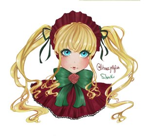 Rating: Safe Score: 0 Tags: 1girl blonde_hair blue_eyes blush bonnet bow bowtie flower green_bow image long_hair looking_at_viewer rose shinku simple_background solo striped striped_background twintails white_background User: admin