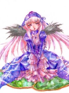 Rating: Safe Score: 0 Tags: 1girl black_wings detached_collar dress flower frilled_sleeves frills hairband image lolita_hairband long_hair long_sleeves looking_at_viewer pink_eyes ribbon simple_background sitting solo suigintou traditional_media very_long_hair white_background wings User: admin