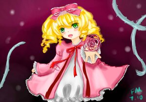 Rating: Safe Score: 0 Tags: 1girl blonde_hair bow dress flower frills green_eyes hina_ichigo hinaichigo image long_sleeves looking_at_viewer open_mouth outstretched_arm pink_bow rose short_hair smile solo User: admin