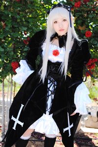 Rating: Safe Score: 0 Tags: 1girl black_dress black_legwear blurry blurry_background depth_of_field dress flower gothic_lolita hairband lace lips lolita_fashion long_hair long_sleeves looking_at_viewer red_eyes red_flower red_rose rose solo standing suigintou white_hair User: admin