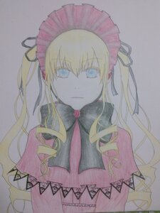 Rating: Safe Score: 0 Tags: 1girl blonde_hair blue_eyes bonnet bowtie capelet closed_mouth dress drill_hair expressionless flower grey_background image long_hair looking_at_viewer photo shinku simple_background solo traditional_media twintails upper_body User: admin