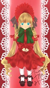 Rating: Safe Score: 0 Tags: 1girl blonde_hair blue_eyes bonnet bow bowtie dress drill_hair full_body green_bow image long_hair long_sleeves looking_at_viewer red_dress shinku sitting solo twintails very_long_hair User: admin