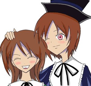 Rating: Safe Score: 0 Tags: 2girls blush brown_hair closed_eyes dress hand_on_another's_head hat image long_hair long_sleeves multiple_girls neck_ribbon one_eye_closed open_mouth pair red_eyes ribbon short_hair siblings simple_background sisters smile souseiseki suiseiseki User: admin