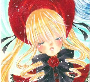 Rating: Safe Score: 0 Tags: 1girl blonde_hair blush drill_hair hat image long_hair ribbon shinku snowing solo traditional_media User: admin