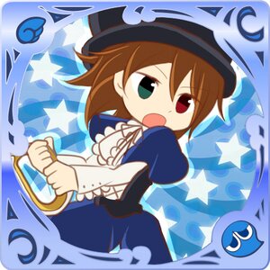 Rating: Safe Score: 0 Tags: :o auto_tagged blue_background blue_dress brown_hair card_(medium) dress green_eyes hat heterochromia image long_sleeves open_mouth red_eyes short_hair solo souseiseki star_(symbol) starry_background top_hat User: admin