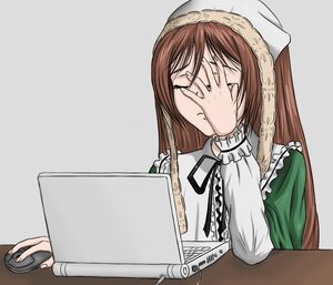 Rating: Safe Score: 0 Tags: 1girl blush brown_hair closed_eyes covering_face dress food green_dress image long_hair long_sleeves simple_background solo suiseiseki table User: admin