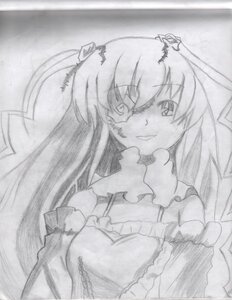 Rating: Safe Score: 0 Tags: 1girl frills greyscale hair_ornament image kirakishou long_hair long_sleeves looking_at_viewer monochrome smile solo traditional_media upper_body User: admin