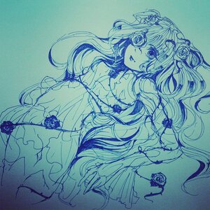 Rating: Safe Score: 0 Tags: 1girl blue_flower blue_rose dress eyepatch flower hair_flower hair_ornament image kirakishou long_hair monochrome rose smile solo thorns traditional_media User: admin