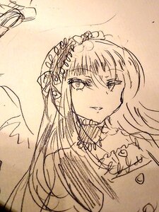 Rating: Safe Score: 0 Tags: 1girl bangs choker dress eyebrows_visible_through_hair image long_hair looking_at_viewer monochrome parted_lips ribbon solo suigintou traditional_media upper_body User: admin