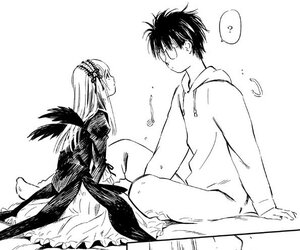 Rating: Safe Score: 0 Tags: 1boy 1girl ? dress feathered_wings feathers frills glasses greyscale hairband hood image long_hair long_sleeves monochrome sitting solo spoken_question_mark suigintou wings User: admin