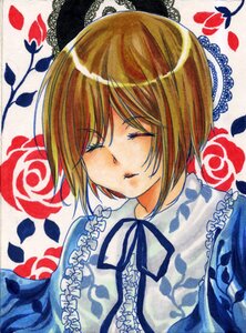 Rating: Safe Score: 0 Tags: 1girl bangs brown_hair closed_eyes flower image petals red_flower red_rose ribbon rose rose_petals short_hair solo souseiseki traditional_media User: admin