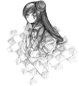 Rating: Safe Score: 0 Tags: 1girl bangs dress greyscale hat image long_hair long_sleeves mini_hat mini_top_hat monochrome solo suiseiseki top_hat User: admin