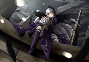 Rating: Safe Score: 0 Tags: 1girl black_wings dress feathers flower frilled_sleeves frills hairband image long_hair long_sleeves looking_at_viewer pink_eyes rose silver_hair sitting solo suigintou wings User: admin