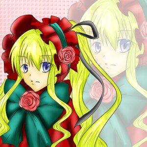 Rating: Safe Score: 0 Tags: 1girl 2girls blonde_hair blue_eyes bonnet bow flower green_bow image long_hair looking_at_viewer red_dress rose shinku sidelocks solo twintails User: admin