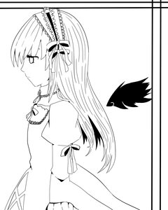 Rating: Safe Score: 0 Tags: 1girl bat_wings black_wings closed_mouth dress eyebrows_visible_through_hair from_side greyscale hairband image long_hair looking_away monochrome profile puffy_short_sleeves puffy_sleeves ribbon short_sleeves solo striped suigintou vertical_stripes wings User: admin