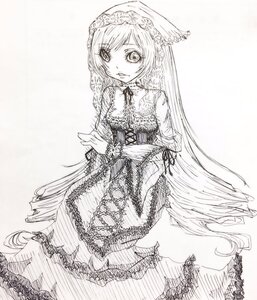 Rating: Safe Score: 0 Tags: 1girl dress frills greyscale image lace long_hair long_sleeves looking_at_viewer monochrome smile solo standing suiseiseki very_long_hair User: admin