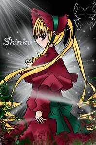 Rating: Safe Score: 0 Tags: 1girl blonde_hair blue_eyes bonnet bow capelet dress flower image long_hair long_sleeves outdoors rain red_dress shinku solo standing twintails very_long_hair User: admin
