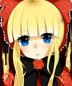 Rating: Safe Score: 0 Tags: 1girl bangs blonde_hair blue_eyes blush bow face flower image long_hair looking_at_viewer rose shinku sidelocks simple_background solo twintails User: admin