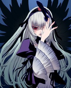 Rating: Safe Score: 0 Tags: 1girl black_dress black_wings dress feathered_wings feathers flower frills hairband image long_hair long_sleeves looking_at_viewer pale_skin puffy_sleeves red_eyes rozen_maiden sakamoto_mineji silver_hair simple_background solo suigintou very_long_hair wings User: admin