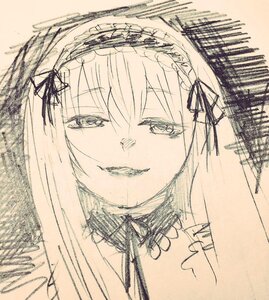 Rating: Safe Score: 0 Tags: 1girl bangs eyebrows_visible_through_hair face hair_ornament hair_ribbon image looking_at_viewer monochrome parted_lips portrait ribbon signature simple_background smile solo suigintou traditional_media x_hair_ornament User: admin