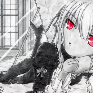 Rating: Safe Score: 0 Tags: 1girl black_dress bow doll_joints dress greyscale image looking_at_viewer monochrome parted_lips red_eyes solo spot_color suigintou traditional_media User: admin