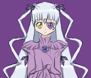Rating: Safe Score: 0 Tags: 1girl barasuishou blue_flower dress eyepatch flower frills image long_hair long_sleeves looking_at_viewer purple_background purple_flower purple_rose rose silver_hair simple_background smile solo upper_body very_long_hair yellow_eyes User: admin