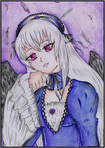 Rating: Safe Score: 0 Tags: 1girl black_wings dress feathered_wings feathers flower frills hairband image long_hair long_sleeves looking_at_viewer pink_eyes ribbon silver_hair solo suigintou upper_body white_wings wings User: admin