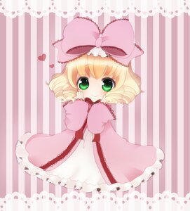 Rating: Safe Score: 0 Tags: 1girl auto_tagged blonde_hair bow chibi dress frills green_eyes hair_bow heart hina_ichigo hinaichigo image long_sleeves looking_at_viewer pink_bow pink_dress short_hair smile solo striped striped_background vertical_stripes User: admin
